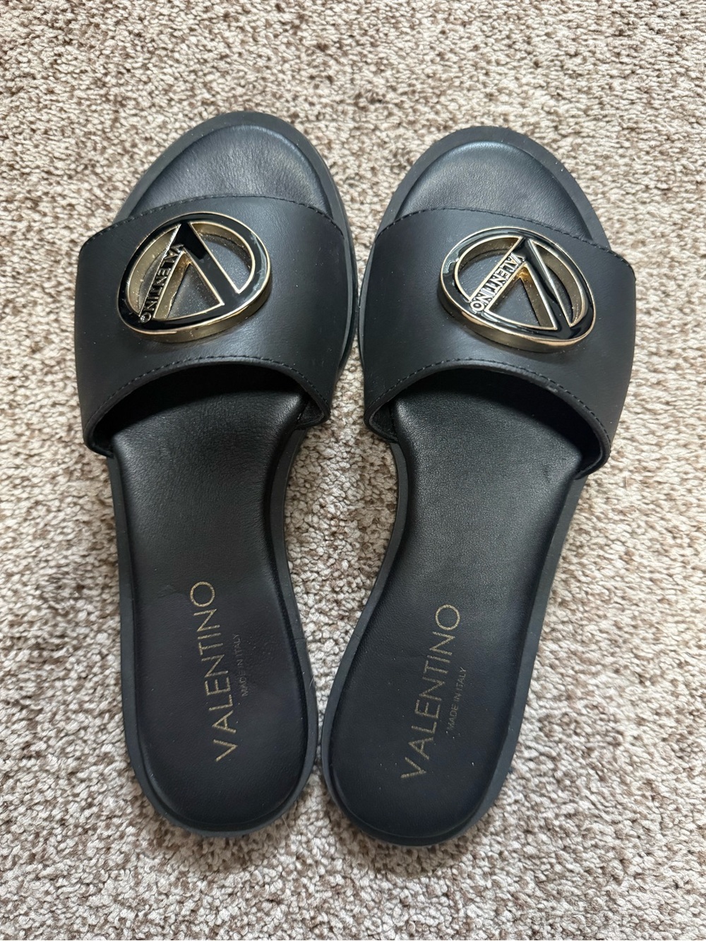 Mario Valentino Black Leather Logo Slide Sandals
